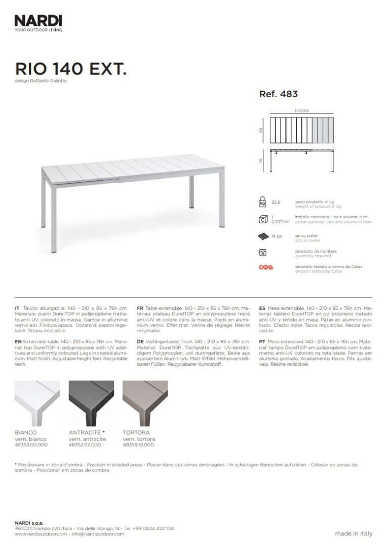 Nardi Tavolo Rio 140 Extensible 140 / 210 x 85 Cm H 76 Cm Alluminio Tortora - immagine 8
